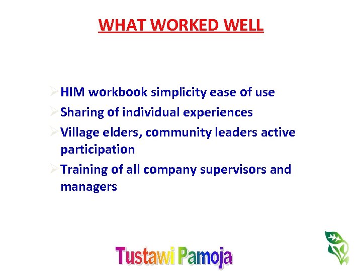 WHAT WORKED WELL ØHIM workbook simplicity ease of use ØSharing of individual experiences ØVillage