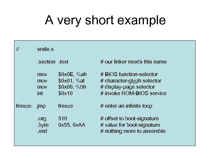 A very short example // smile. s. section. text # our linker needs this