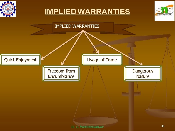 IMPLIED WARRANTIES Quiet Enjoyment Usage of Trade Freedom from Encumbrance Dr. G. MAHESWARAN/AP Dangerous