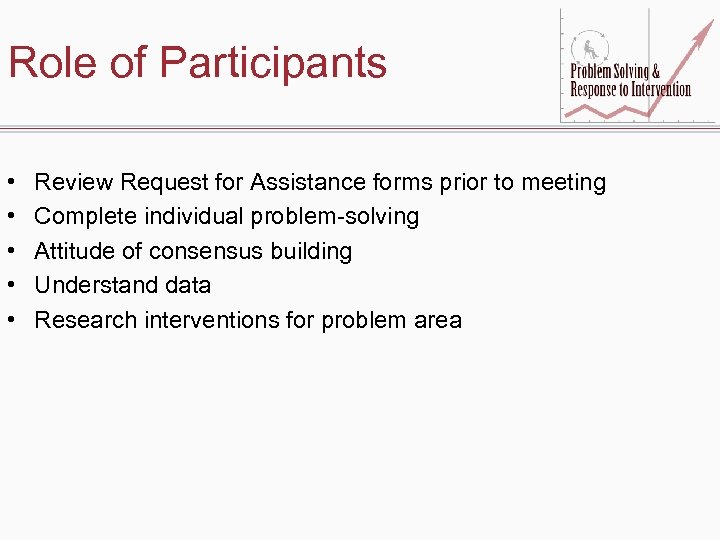 Role of Participants • • • Review Request for Assistance forms prior to meeting