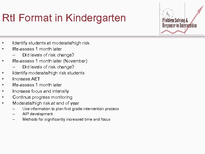 Rt. I Format in Kindergarten • • • Identify students at moderate/high risk Re-assess