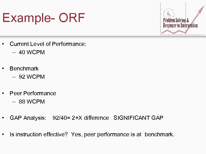 Example- ORF • Current Level of Performance: – 40 WCPM • Benchmark – 92