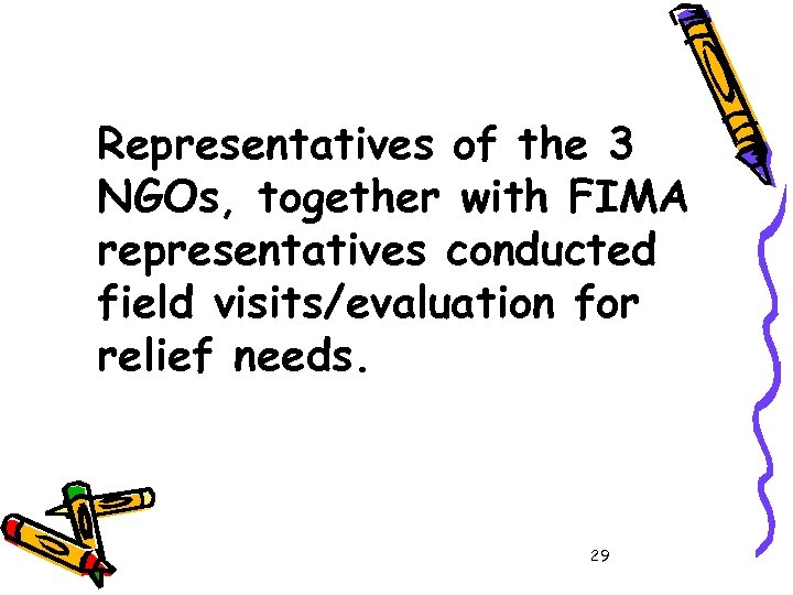 Representatives of the 3 NGOs, together with FIMA representatives conducted field visits/evaluation for relief