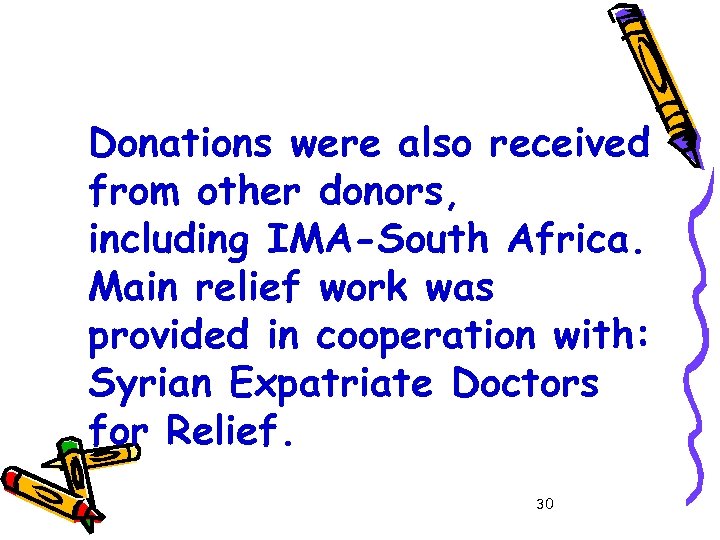 Donations were also received from other donors, including IMA-South Africa. Main relief work was