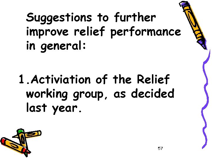 Suggestions to further improve relief performance in general: 1. Activiation of the Relief working
