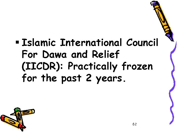 § Islamic International Council For Dawa and Relief (IICDR): Practically frozen for the past