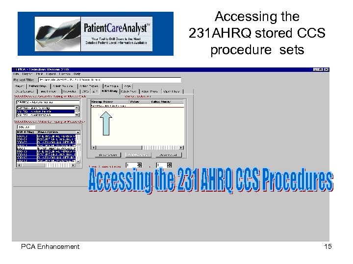 Accessing the 231 AHRQ stored CCS procedure sets PCA Enhancement 15 
