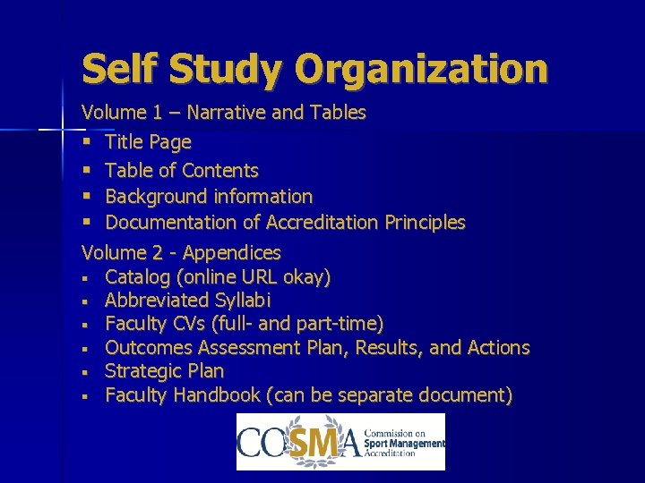 Self Study Organization Volume 1 – Narrative and Tables § Title Page § Table