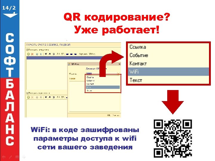 14/2 4 QR кодирование? Уже работает! Wi. Fi: в коде зашифрованы параметры доступа к