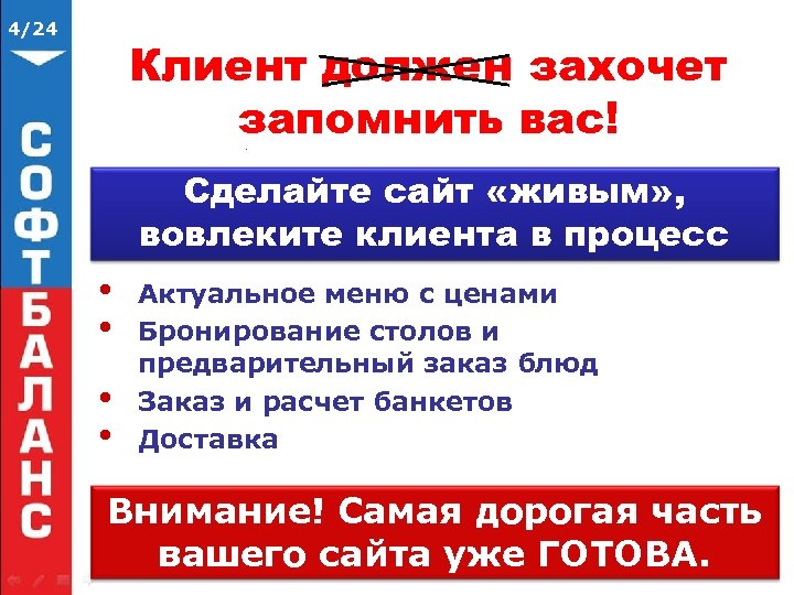 4/24 Клиент должен захочет запомнить вас! Сделайте сайт «живым» , вовлеките клиента в процесс