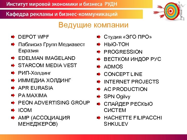 Ведущие компании DEPOT WPF Паблисиз Групп Медиавест Евразия EDELMAN IMAGELAND STARCOM MEDIA VEST РИП-Холдинг
