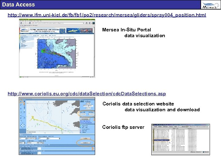 Data Access http: //www. ifm. uni-kiel. de/fb/fb 1/po 2/research/mersea/gliders/spray 004_position. html Mersea In-Situ Portal