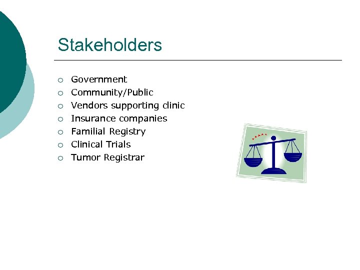 Stakeholders ¡ ¡ ¡ ¡ Government Community/Public Vendors supporting clinic Insurance companies Familial Registry