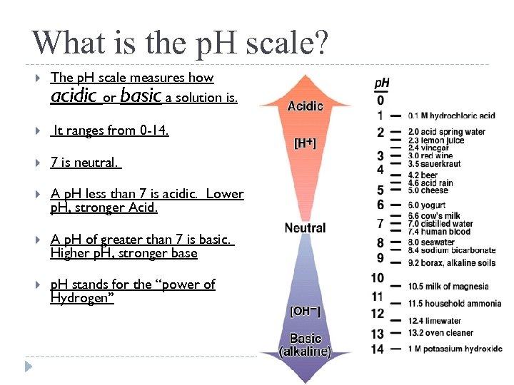 What is the p. H scale? The p. H scale measures how acidic or