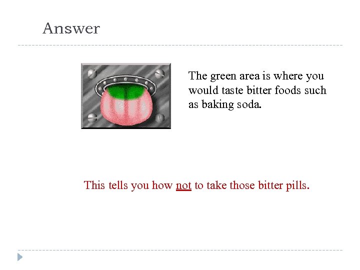 Answer The green area is where you would taste bitter foods such as baking