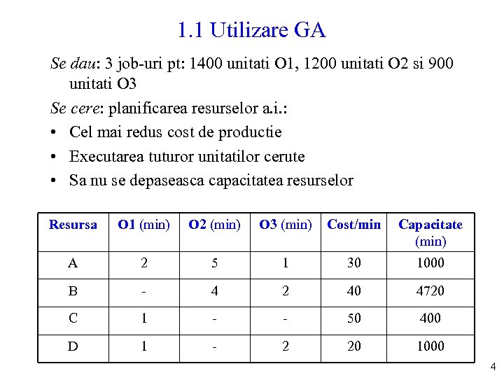 1. 1 Utilizare GA Se dau: 3 job-uri pt: 1400 unitati O 1, 1200