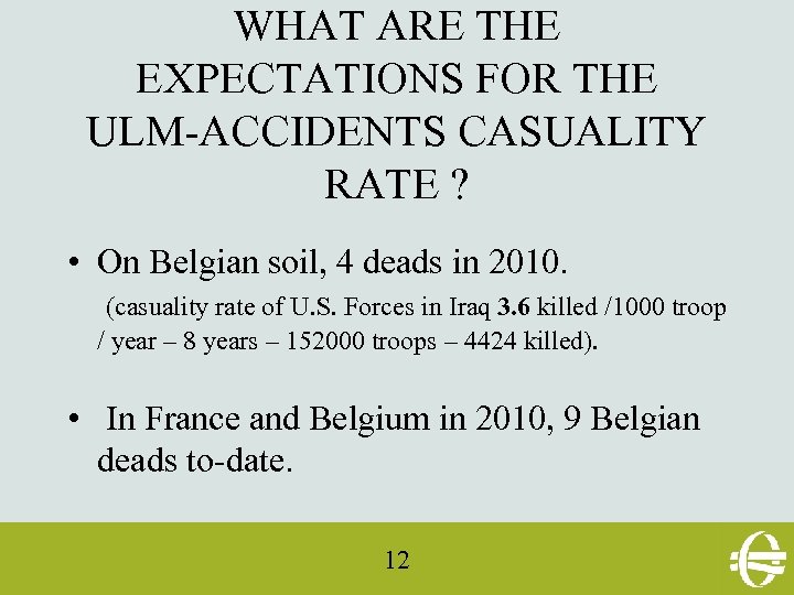 WHAT ARE THE EXPECTATIONS FOR THE ULM-ACCIDENTS CASUALITY RATE ? • On Belgian soil,