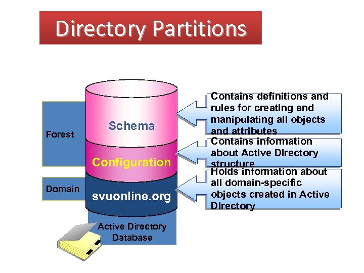Directory Partitions Forest Schema Configuration Domain svuonline. org Active Directory Database Contains definitions and