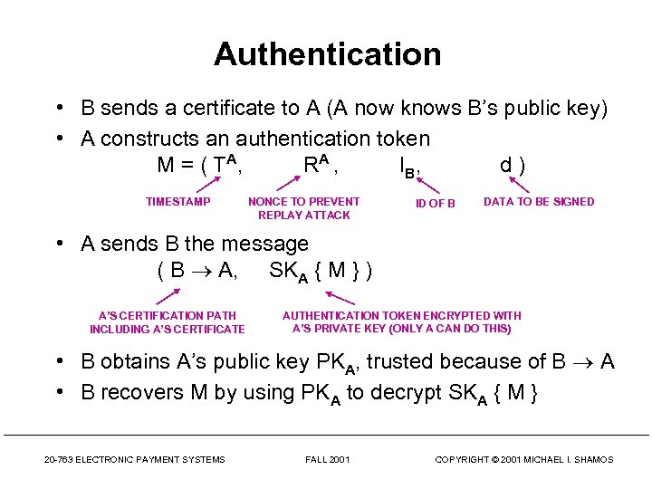 Authentication • B sends a certificate to A (A now knows B’s public key)