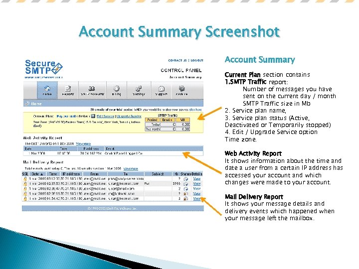 Account Summary Screenshot Account Summary Current Plan section contains 1. SMTP Traffic report: Number