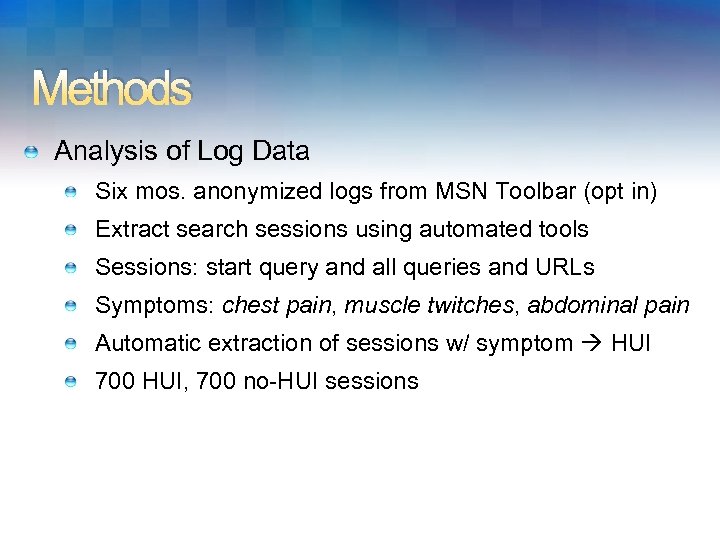 Methods Analysis of Log Data Six mos. anonymized logs from MSN Toolbar (opt in)