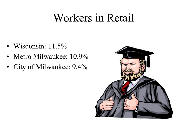 Workers in Retail • Wisconsin: 11. 5% • Metro Milwaukee: 10. 9% • City