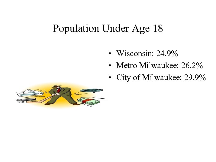 Population Under Age 18 • Wisconsin: 24. 9% • Metro Milwaukee: 26. 2% •