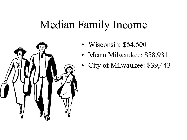 Median Family Income • Wisconsin: $54, 500 • Metro Milwaukee: $58, 931 • City