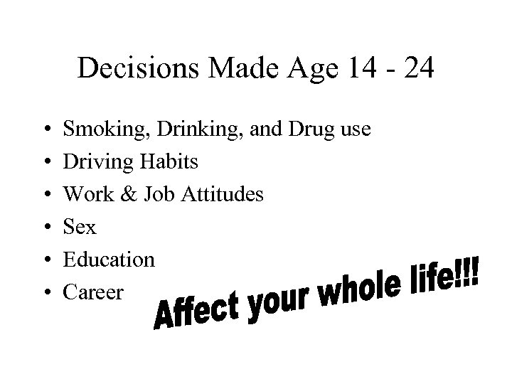 Decisions Made Age 14 - 24 • • • Smoking, Drinking, and Drug use