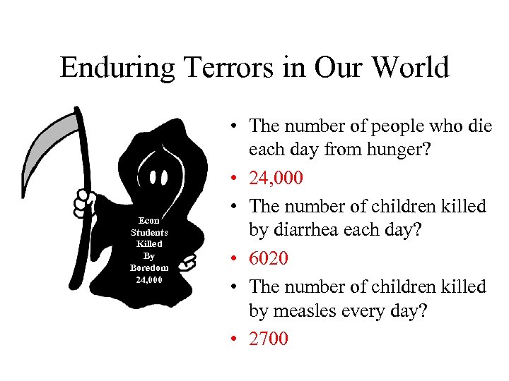 Enduring Terrors in Our World Econ Students Killed By Boredom 24, 000 • The