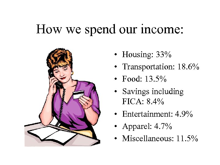 How we spend our income: • • Housing: 33% Transportation: 18. 6% Food: 13.