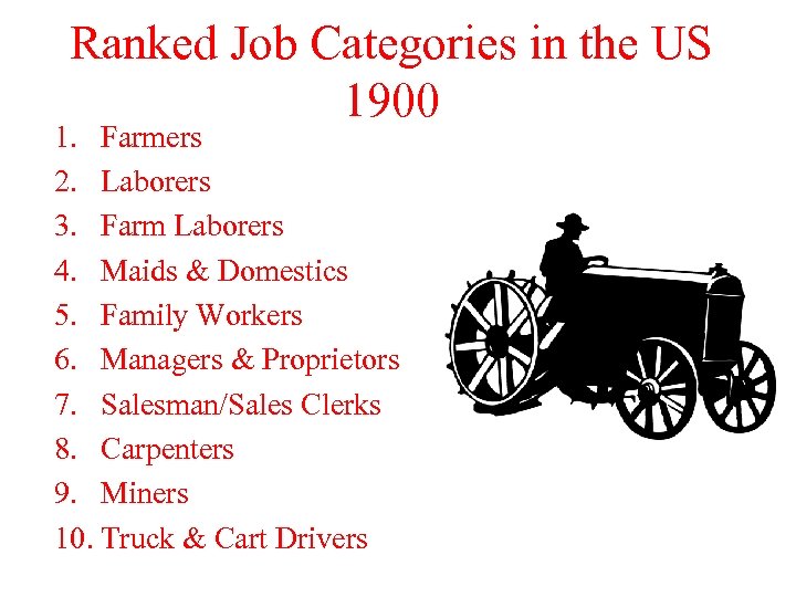 Ranked Job Categories in the US 1900 1. Farmers 2. Laborers 3. Farm Laborers