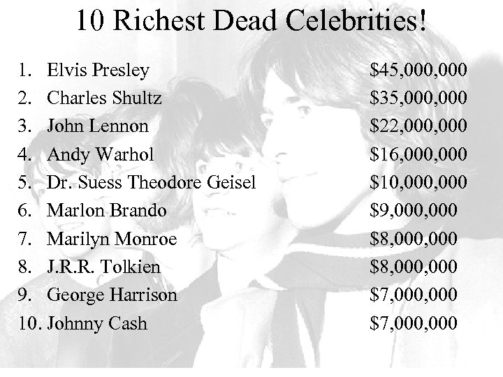 10 Richest Dead Celebrities! 1. Elvis Presley 2. Charles Shultz 3. John Lennon 4.