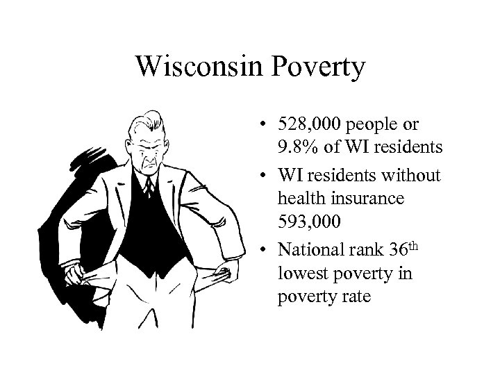 Wisconsin Poverty • 528, 000 people or 9. 8% of WI residents • WI