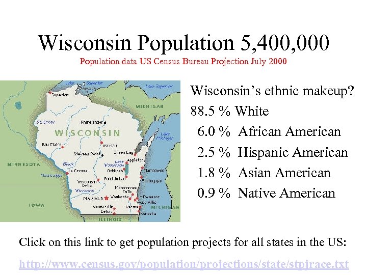 Wisconsin Population 5, 400, 000 Population data US Census Bureau Projection July 2000 Wisconsin’s