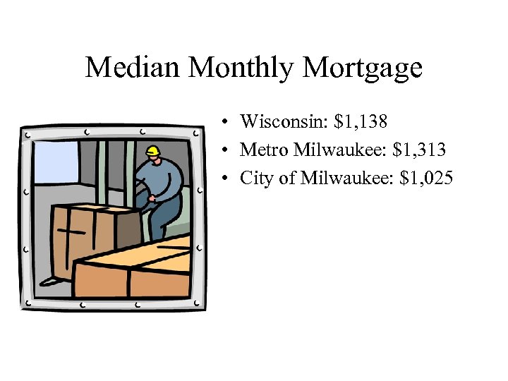 Median Monthly Mortgage • Wisconsin: $1, 138 • Metro Milwaukee: $1, 313 • City