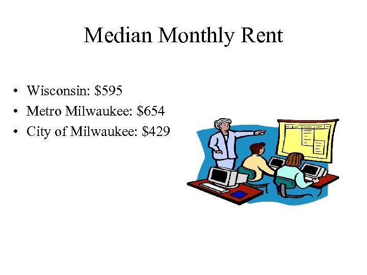 Median Monthly Rent • Wisconsin: $595 • Metro Milwaukee: $654 • City of Milwaukee: