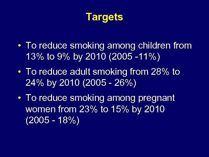Targets • To reduce smoking among children from 13% to 9% by 2010 (2005