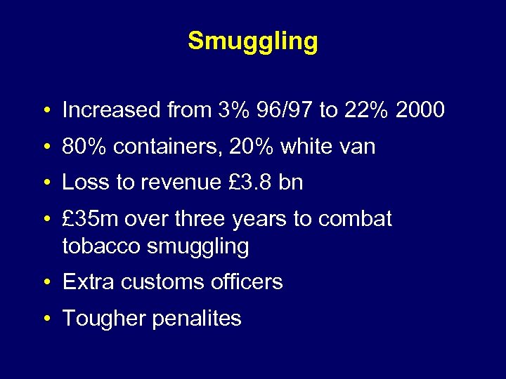 Smuggling • Increased from 3% 96/97 to 22% 2000 • 80% containers, 20% white