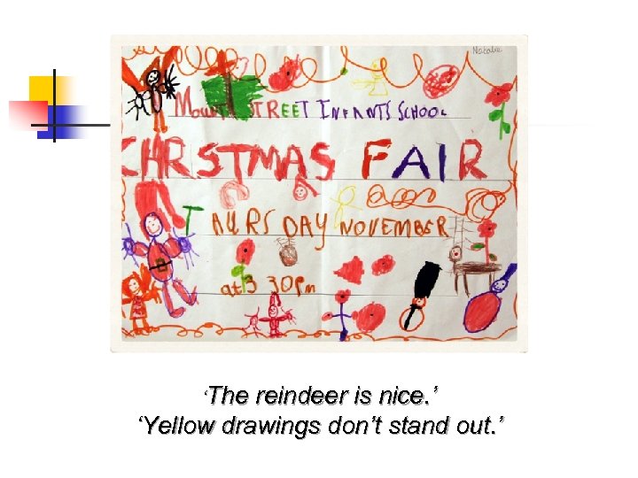 ‘The reindeer is nice. ’ ‘Yellow drawings don’t stand out. ’ 