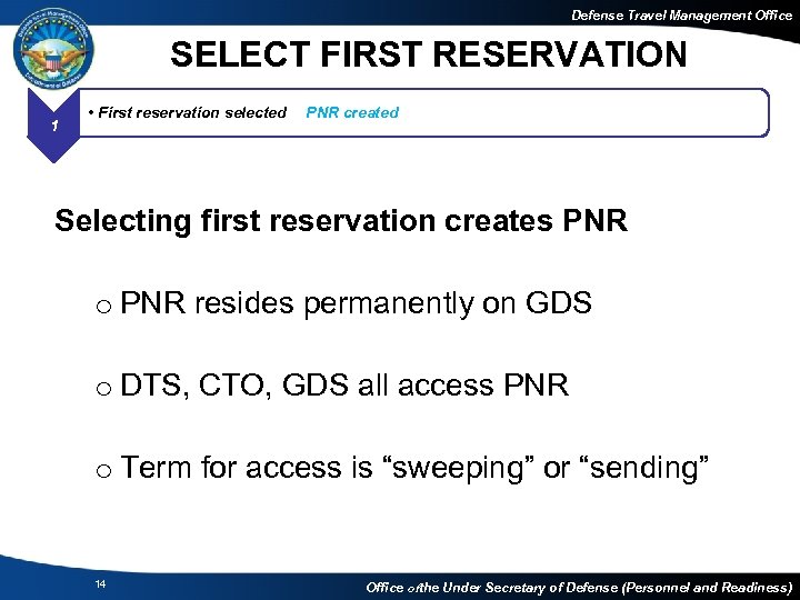 Defense Travel Management Office SELECT FIRST RESERVATION 1 2 • First reservation selected PNR