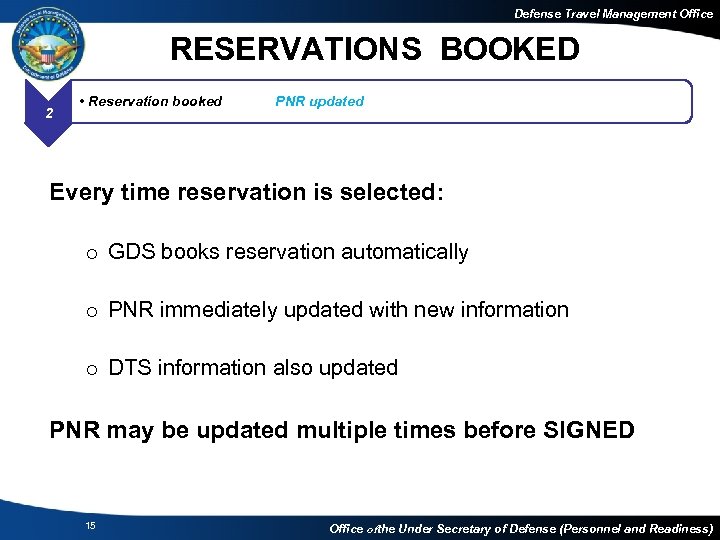 Defense Travel Management Office RESERVATIONS BOOKED 2 2 • Reservation booked PNR updated Every