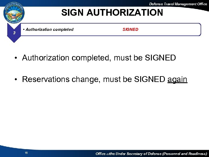 Defense Travel Management Office SIGN AUTHORIZATION 3 2 • Authorization completed • Reservation booked