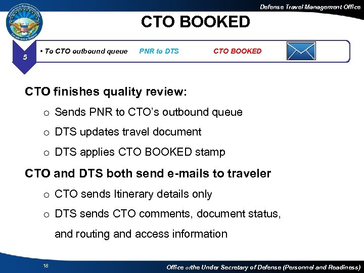 Defense Travel Management Office CTO BOOKED 5 2 • To CTO outbound queue PNR