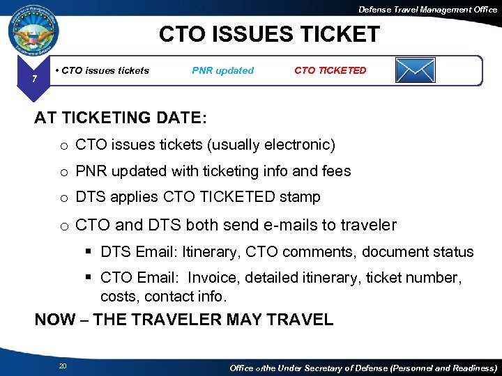 Defense Travel Management Office CTO ISSUES TICKET 7 • CTO issues tickets PNR updated