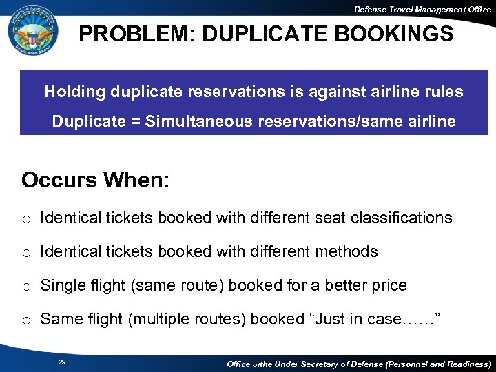 Defense Travel Management Office PROBLEM: DUPLICATE BOOKINGS Holding duplicate reservations is against airline rules