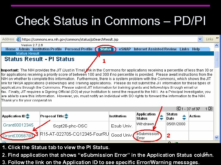 Check Status in Commons – PD/PI 1. Click the Status tab to view the