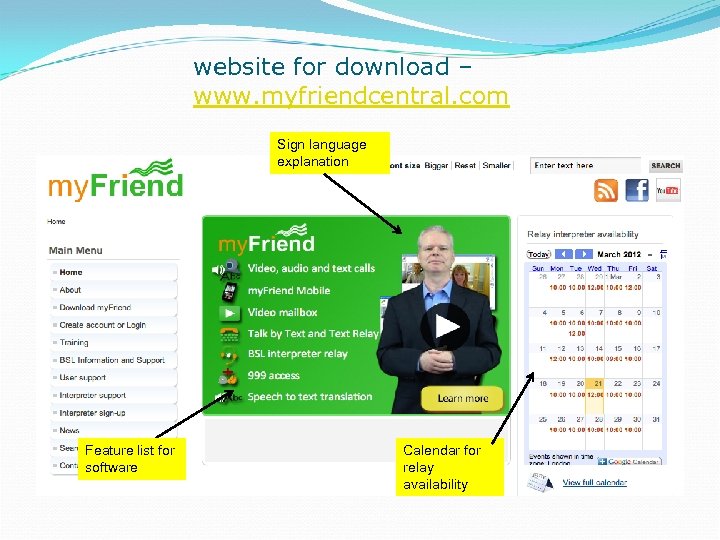 website for download – www. myfriendcentral. com Sign language explanation Feature list for software