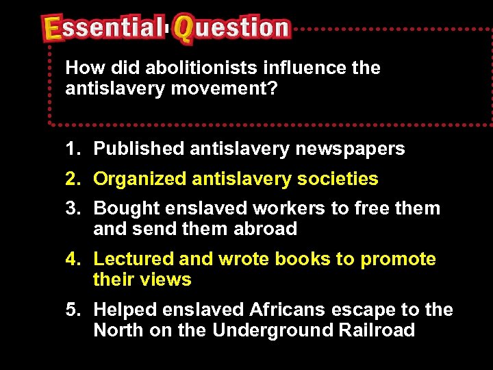 How did abolitionists influence the antislavery movement? 1. Published antislavery newspapers 2. Organized antislavery