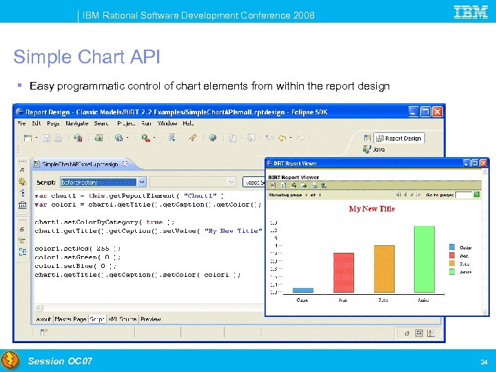IBM Rational Software Development Conference 2008 Simple Chart API § Easy programmatic control of